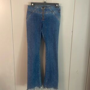 Bebe Zipper Front Low Waist Flared Large Slit Festival Blue Denim Jeans Size 27